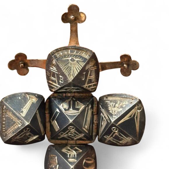 Antique Masonic Orb Folding Pendant Charm 9K Gold & Sterling Silver Vintage Rare - Picture 2 of 15